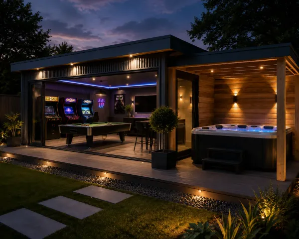 Garden room with hot tub and games room in Hertfordshire