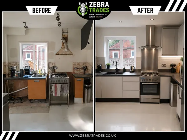 Before and after black and off-white slab flat door easy-clean kitchen in Goffs Oak