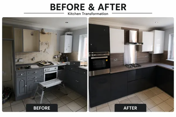 Before and after black and white gloss slab flat door easy-clean kitchen in Cuffley
