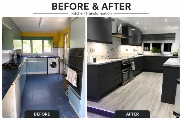 Before and after black anthracite matt handleless kitchen installation in Hertfordshire