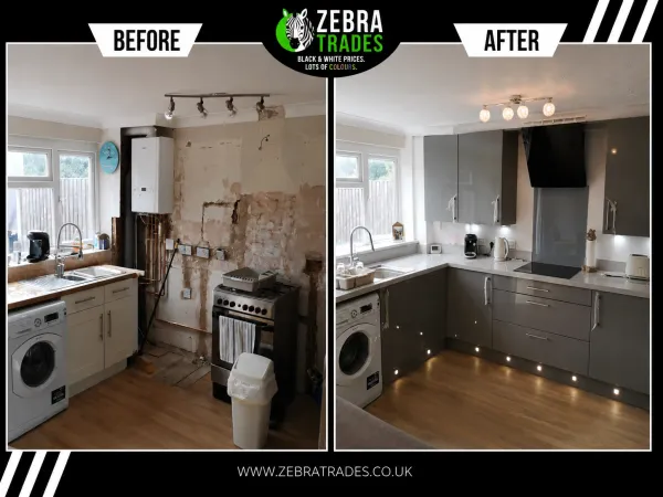 Before and after dark grey gloss slab flat door kitchen installation