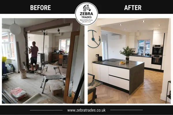 Before and after flat slab door off-white matt kitchen in Hertfordshire