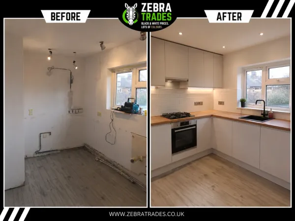 Before and after handleless J-pull kitchen installation in Cheshunt