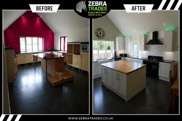 Before and after ivory shaker solid wood door kitchen in Hertfordshire