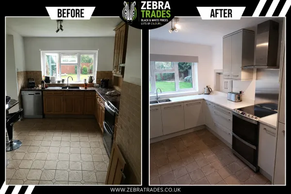 Before and after light grey gloss kitchen installation in Waltham Abbey