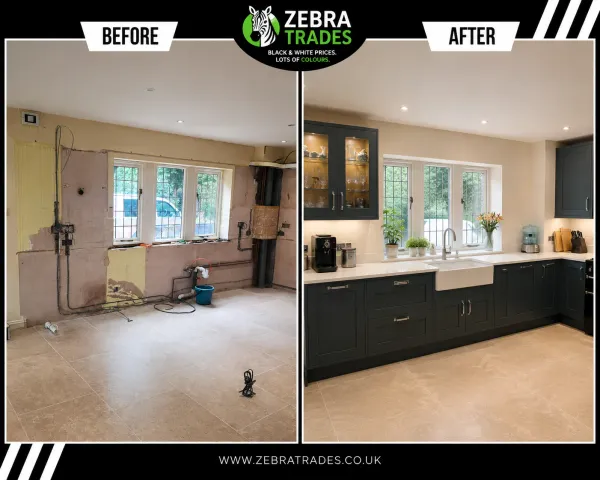 Before and after luxury solid wood indigo and ivory cream kitchen in Hertfordshire