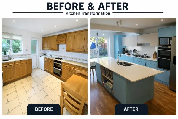 Before and after sky blue slab flat door kitchen installation in Hoddesdon