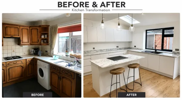 Before and after white gloss Stamford Lucente kitchen in Goffs Oak