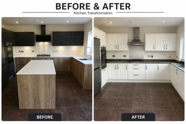 Before and after wood grain and indigo kitchen installation in Waltham Cross
