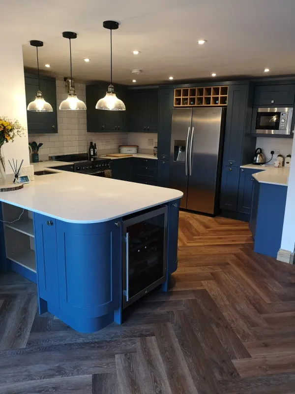 Marine blue solid wood kitchen installation in Stamford