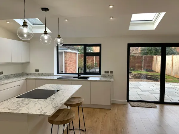 White gloss kitchen in rear extension in Cheshunt