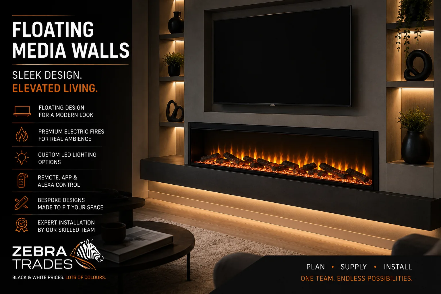 Floating media wall design in Hertfordshire